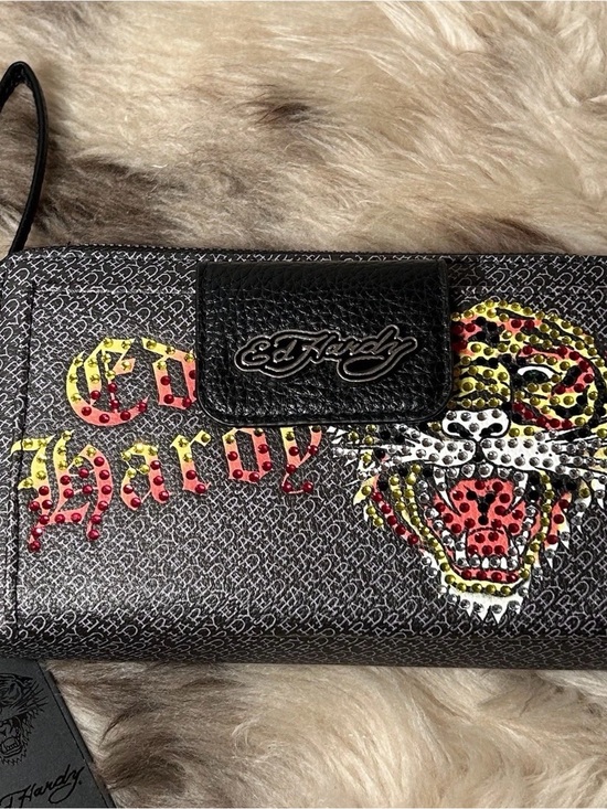Ed Hardy Handbags - Ed Hardy Black Wristlet Wallet with Multicolor Studded Tiger